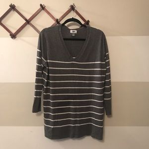 Old Navy Gray and white striped v-neck sweater